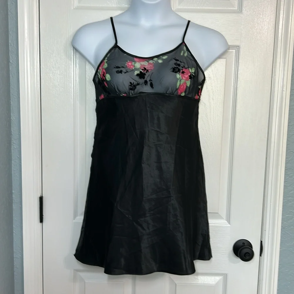 Y2K Black Floral Rose Lingerie Mini Slip Dress Women’s Size Medium - Picture 5 of 17